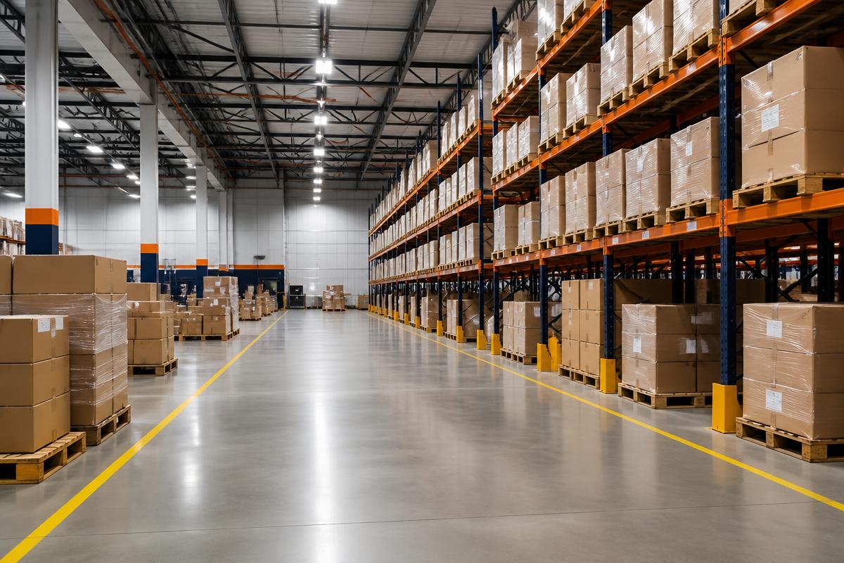 Entrepôt logistique moderne avec palettes et rayonnages